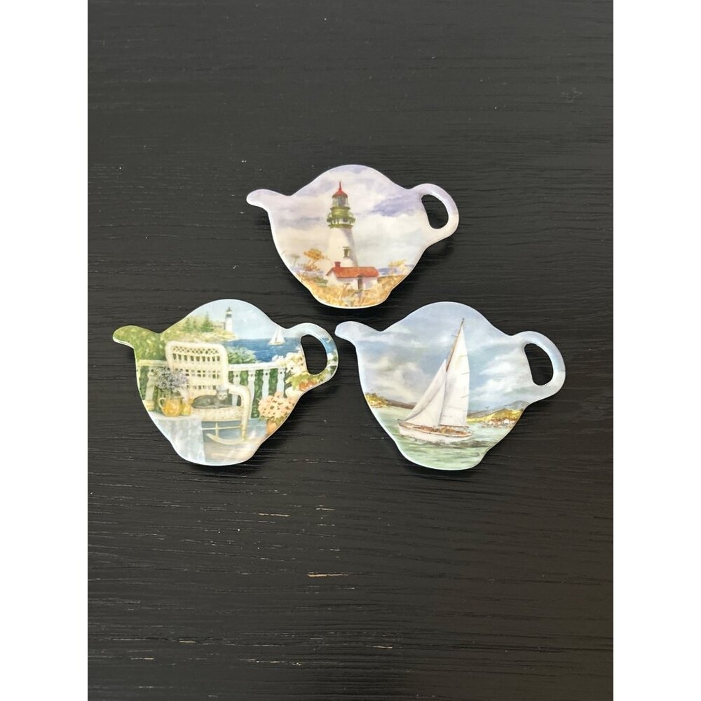 3 Melamine Teapot-Shaped Tea Bag Holders Nautical/Lighthouse/Sailboat Scenes